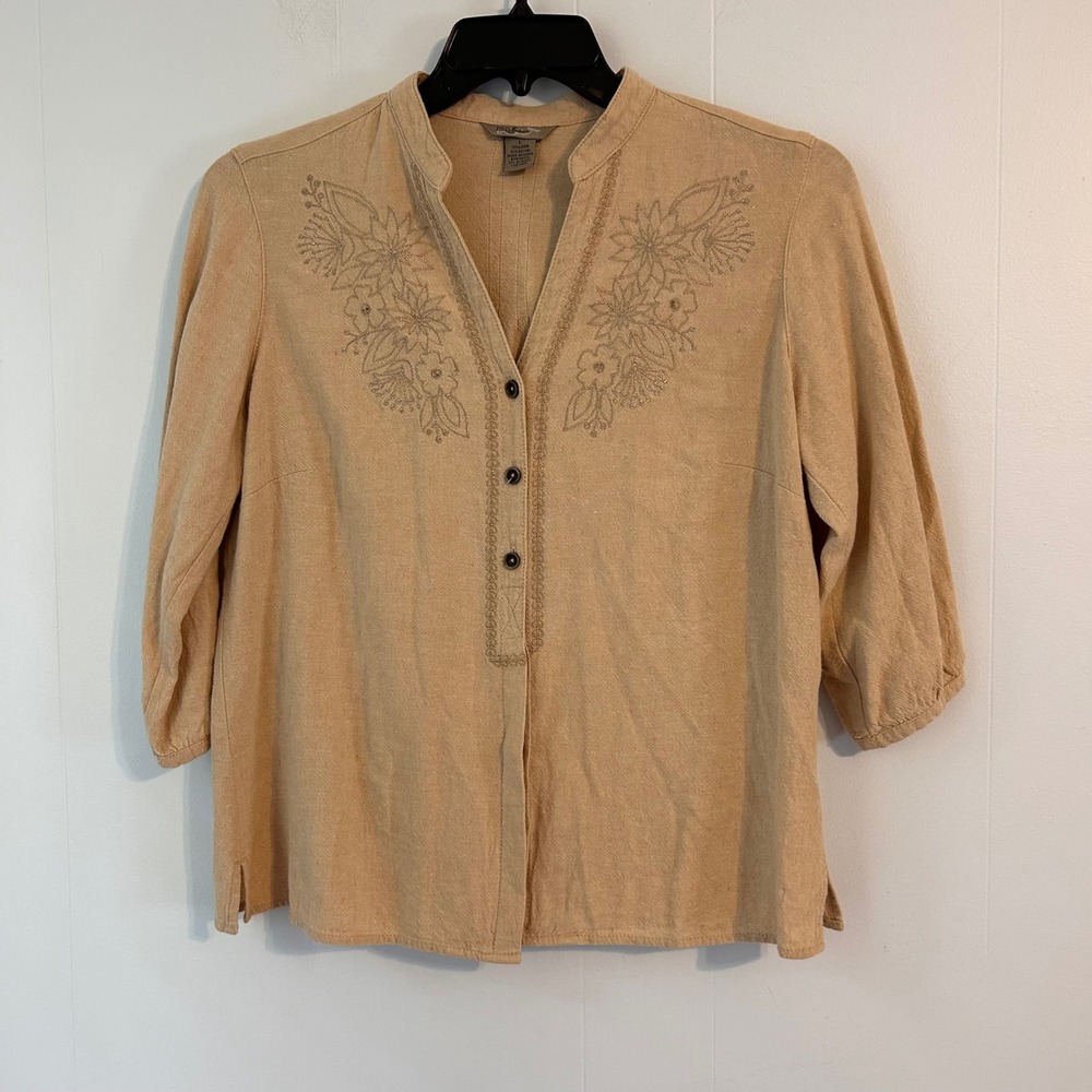 IB‎ Diffusion Tan Linen Blend Floral Embroidered 3/4 Sleeve Blouse Top Large